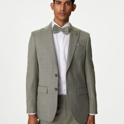 M&S Collection Slim Fit Wool Blend Herringbone Suit Jacket Khaki | Mens Blazers