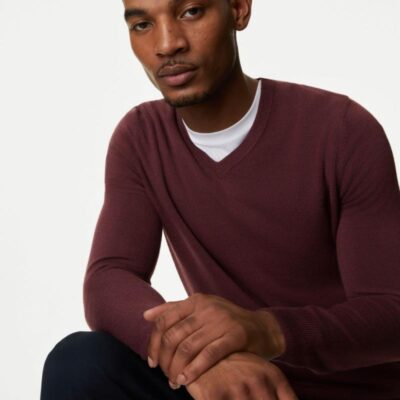 M&S Collection Cashmilon™ V-Neck Jumper Burgundy | Mens Jumpers & Knitwear