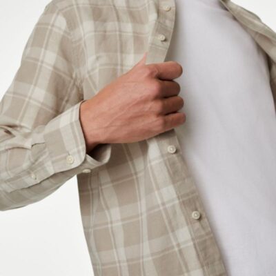 M&S Collection Easy Iron Cotton Linen Blend Check Shirt Natural Mix | Mens Shirts