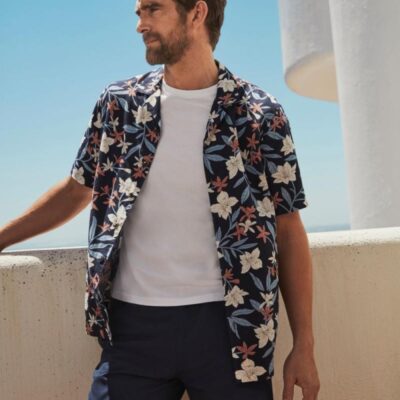 M&S Collection Easy Iron Linen Blend Hawaiian Printed Shirt Navy Mix | Mens Shirts