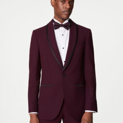 M&S Collection Slim Fit Stretch Tuxedo Jacket Burgundy | Mens Suits