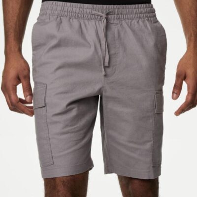 M&S Collection Linen Blend Elasticated Waist Cargo Shorts Grey | Mens Shorts