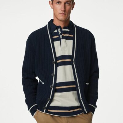 M&S Collection Cotton Blend Ribbed V-Neck Cardigan Navy | Mens Jumpers & Knitwear