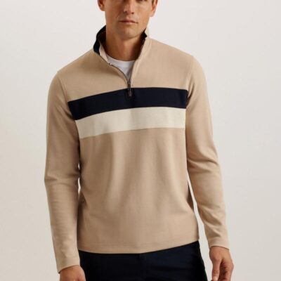 Ted Baker Modal Blend Half Zip Funnel Neck Sweatshirt Stone | Mens Hoodies & Sweatshirts