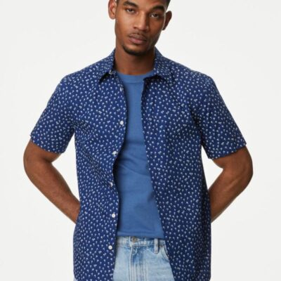 M&S Collection Easy Iron Pure Cotton Geometric Print Shirt Blue Mix | Mens Shirts