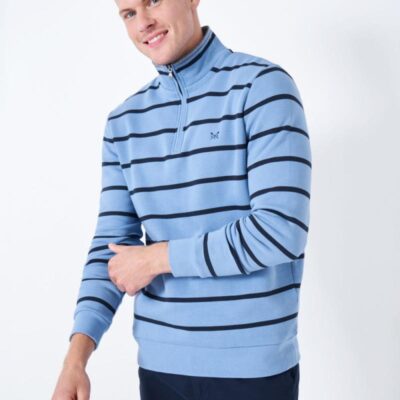 Crew Clothing Cotton Rich Striped Half Zip Sweatshirt Light Blue Mix | Mens Hoodies & Sweatshirts