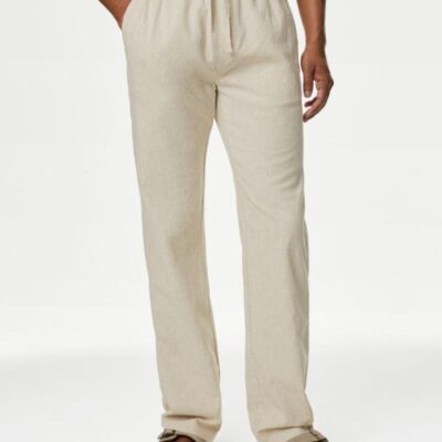 M&S Collection Tapered Fit Linen Blend Trousers Stone | Mens Trousers