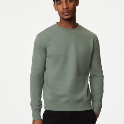 M&S Collection Pure Cotton Crew Neck Sweatshirt Medium Green | Mens Hoodies & Sweatshirts