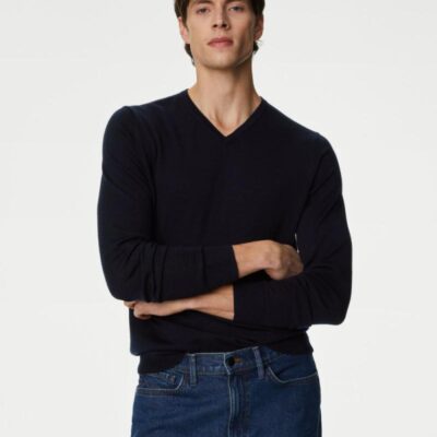 Autograph Pure Extra Fine Merino Wool V-Neck Jumper Navy | Mens Jumpers & Knitwear