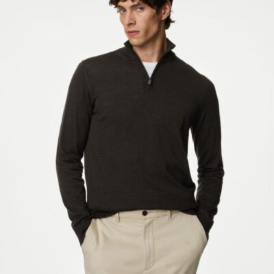 Autograph Pure Extra Fine Merino Wool Half Zip Jumper Bitter Chocolate | Mens The Smart Edit