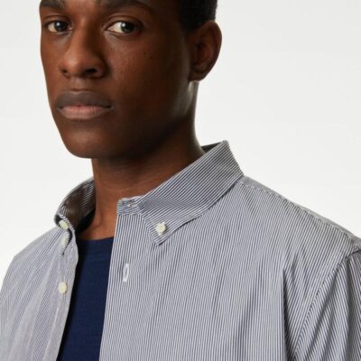 M&S Collection Pure Cotton Striped Shirt Navy Mix | Mens Shirts