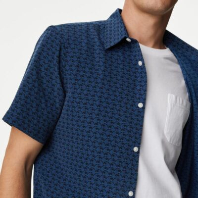 M&S Collection Easy Iron Geometric Print Shirt Dark Navy | Mens Shirts