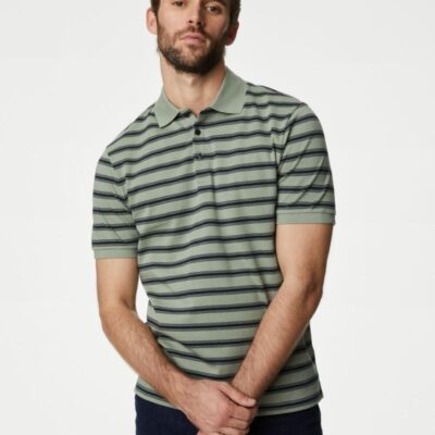 M&S Collection Pure Cotton Striped Polo Shirt Antique Green | Mens Tops & T-shirts