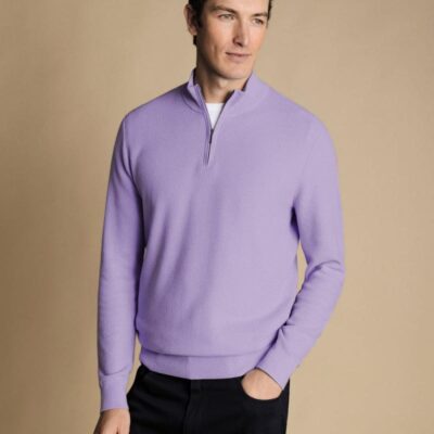 Charles Tyrwhitt Pure Cotton Textured Half Zip Jumper Lilac | Mens Jumpers & Knitwear