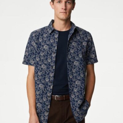 M&S Collection Easy Iron Pure Cotton Chambray Floral Shirt Blue Mix | Mens Shirts