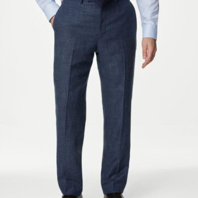 M&S SARTORIAL British Wool Linen Blend Check Suit Trousers Indigo | Mens Trousers