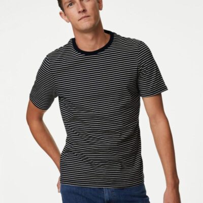 M&S Collection Pure Cotton Striped Crew Neck T-Shirt Navy Mix | Mens Tops & T-shirts