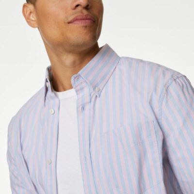 M&S Collection Easy Iron Striped Oxford Shirt Pink Mix | Mens Shirts