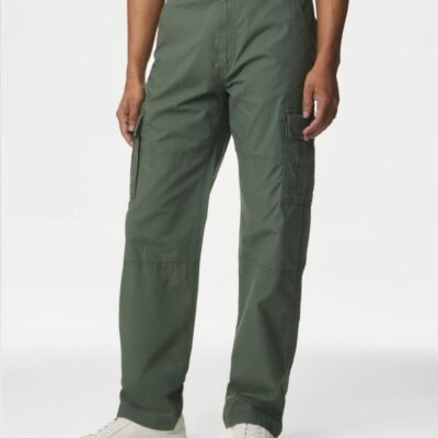 M&S Collection Loose Fit Belted Textured Cargo Trousers Moss Green | Mens Trousers