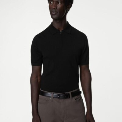 Autograph Pure Extra Fine Merino Wool Knitted Polo Shirt Black | Mens Tops & T-shirts