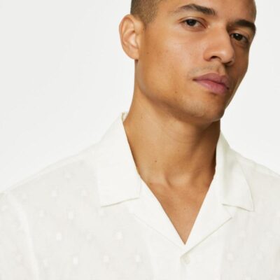 M&S Collection Pure Cotton Textured Cuban Collar Shirt White | Mens Shirts