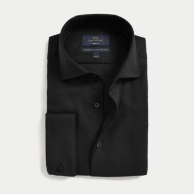 M&S SARTORIAL Slim Fit Luxury Cotton Double Cuff Twill Shirt Black | Mens Formal Shirts