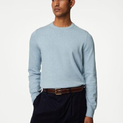 M&S Collection Pure Cotton Crew Neck Jumper Pale Blue | Mens Jumpers & Knitwear