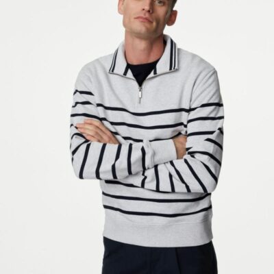 M&S Collection Pure Cotton Striped Sweatshirt Grey Mix | Mens Hoodies & Sweatshirts