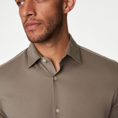 Autograph Slim Fit Pure Cotton Jersey Shirt Taupe | Mens Shirts