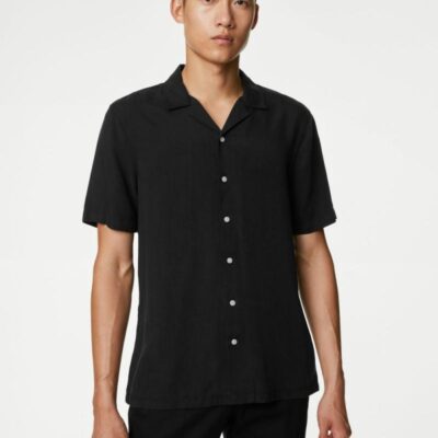 Autograph Soft Touch Pure Tencel™ Cuban Collar Shirt Black | Mens Shirts