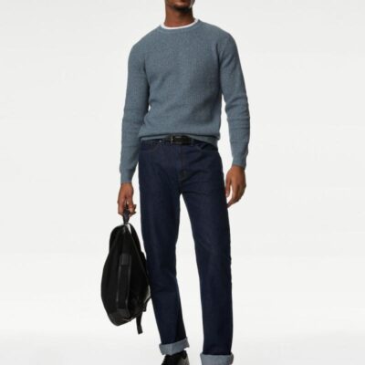 M&S Collection Cotton Blend Textured Crew Neck Jumper Slate Blue | Mens Jumpers & Knitwear