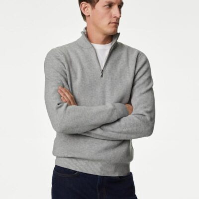 M&S Collection Cotton Blend Textured Half Zip Jumper Grey Marl | Mens Jumpers & Knitwear