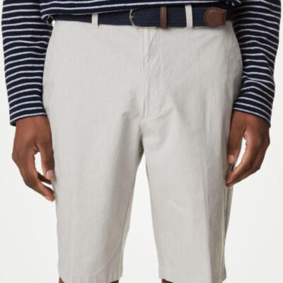 M&S Collection Striped Belted Stretch Chino Shorts Natural Mix | Mens Shorts