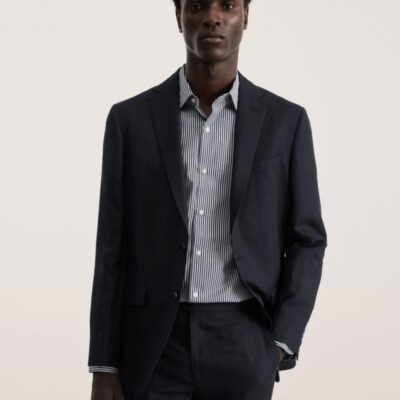 JAEGER Tailored Fit Linen Blend Suit Jacket Navy | Mens Blazers