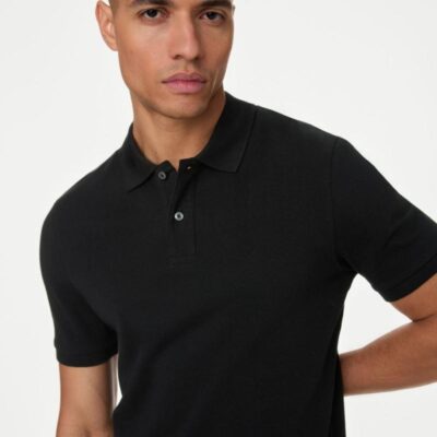 M&S Collection Slim Fit Pure Cotton Pique Polo Shirt Black | Mens Tops & T-shirts