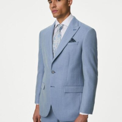 M&S Collection Slim Fit Wool Blend Herringbone Suit Jacket Blue | Mens Blazers