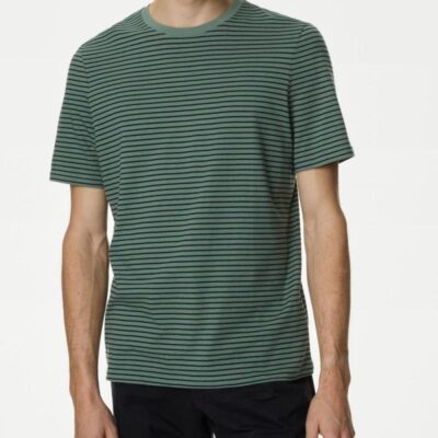 M&S Collection Pure Cotton Striped Crew Neck T-Shirt Green Mix | Mens Tops & T-shirts