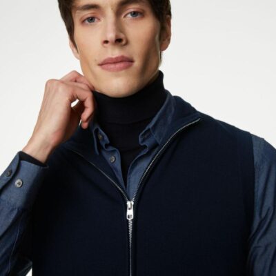 Autograph Cotton Rich Zip-up Gilet Navy | Mens Jumpers & Knitwear