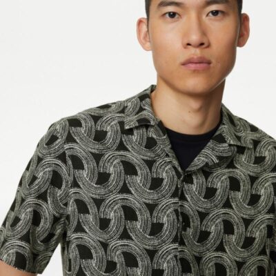 M&S Collection Easy Iron Linen Blend Hawaiian Printed Shirt Black | Mens Shirts