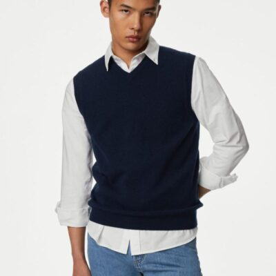 M&S Collection Pure Extra Fine Lambswool Sleeveless Jumper Navy | Mens Jumpers & Knitwear