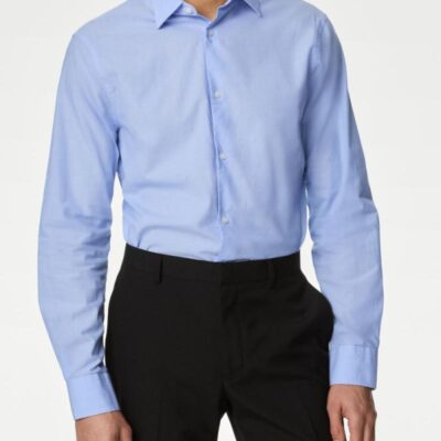 M&S Collection Regular Fit Pure Cotton Textured Shirt Blue Mix | Mens Formal Shirts