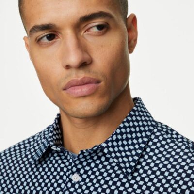 M&S Collection Easy Iron Geometric Print Shirt Dark Navy Mix | Mens Shirts