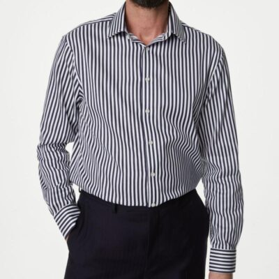 M&S SARTORIAL Regular Fit Easy Iron Luxury Cotton Bold Stripe Shirt Navy Mix | Mens Formal Shirts