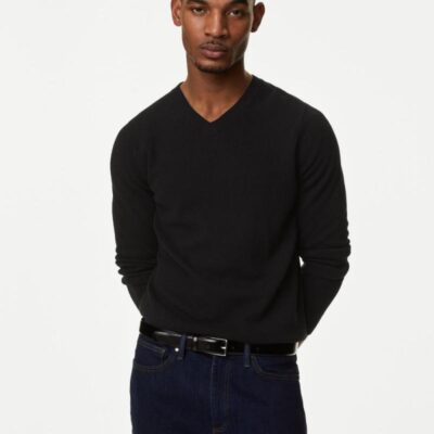 M&S Collection Pure Extra Fine Lambswool V-Neck Jumper Black | Mens Jumpers & Knitwear