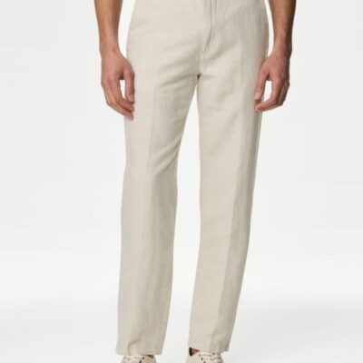 M&S Collection Regular Fit Linen Blend Trousers Stone | Mens Trousers