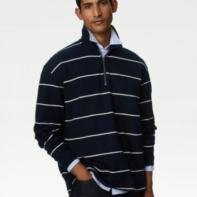 M&S Collection Pure Cotton Textured Striped Polo Shirt Navy Mix | Mens Tops & T-shirts