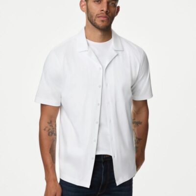 Autograph Pure Cotton Cuban Collar Jersey Shirt White | Mens Shirts