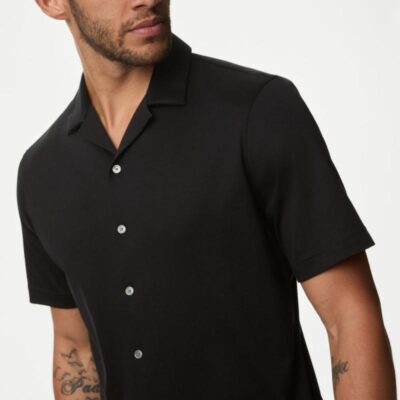 Autograph Pure Cotton Cuban Collar Jersey Shirt Black | Mens Shirts