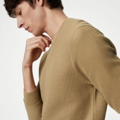 Autograph Cotton Blend Textured Crew Neck Jumper Fawn | Mens Jumpers & Knitwear