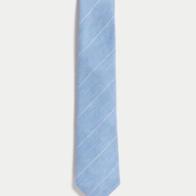 M&S Collection Linen Rich Striped Tie Light Blue | Mens Ties